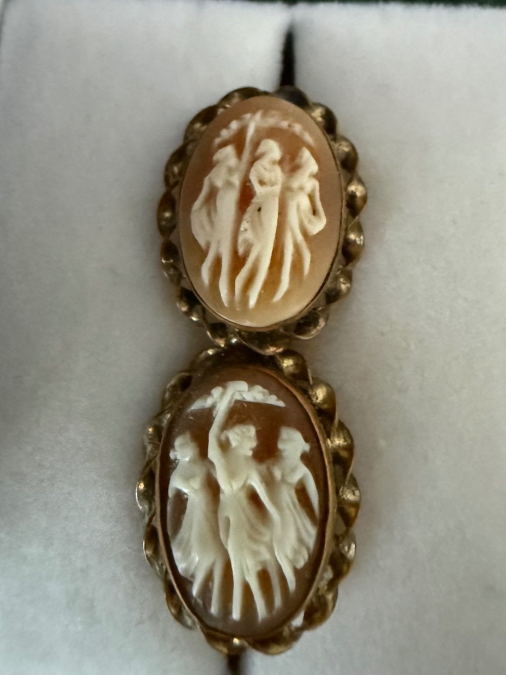 Vintage 1/20 12K Gold Filled Three Graces Cameo Clip Earrings | Signed | c. 1940